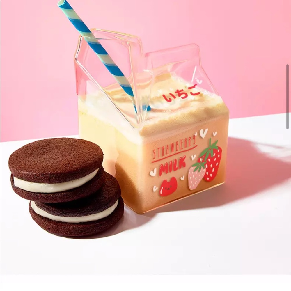 Glass cup milk carton creamer juice strawberry peach banana